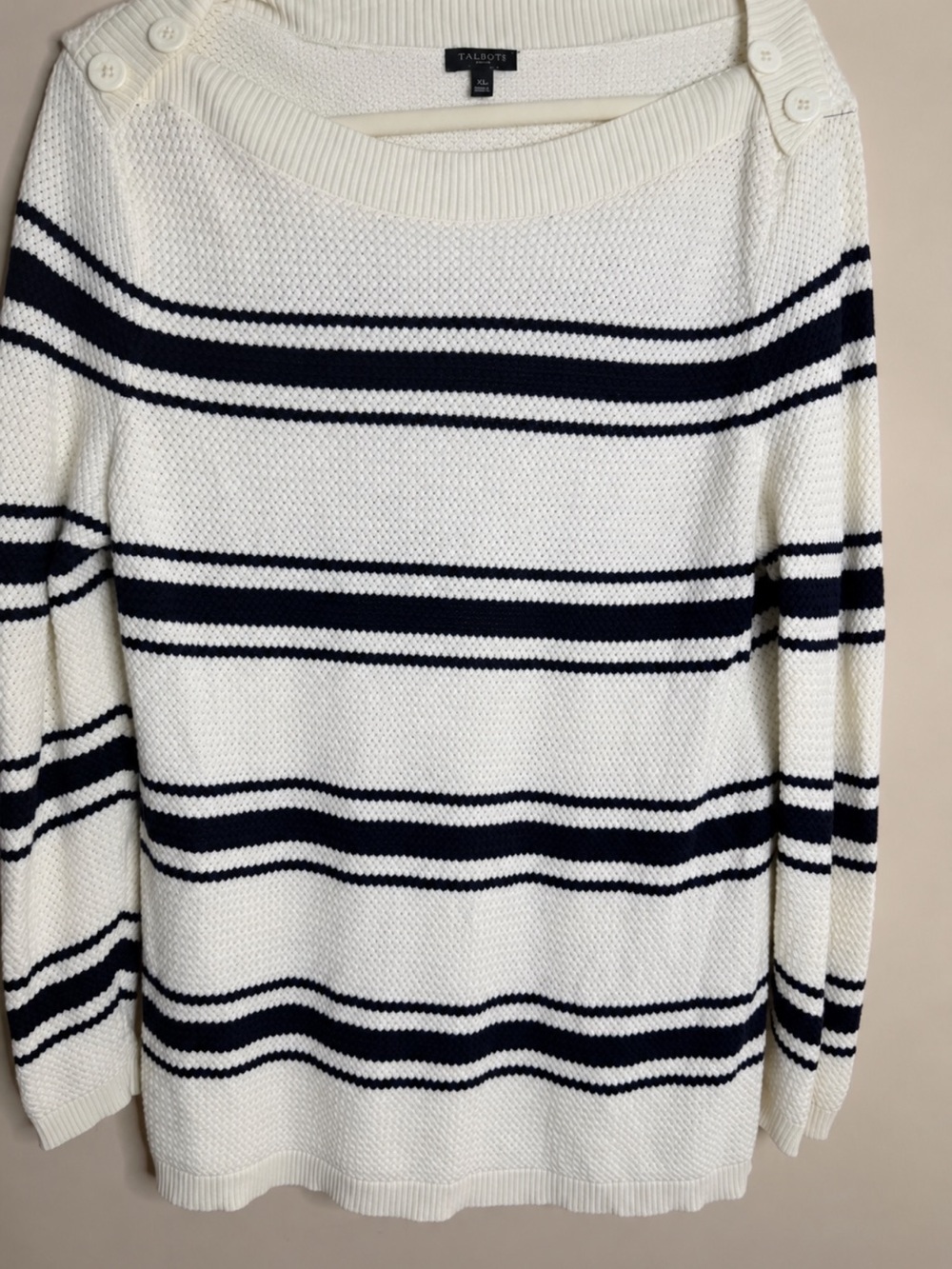 Talbots Petite XL Black & White Striped Knit Sweater Button Shoulder XLP